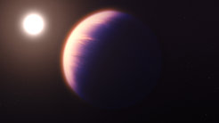 A bright round disc in the background illuminates part of a sphere in the foreground. It has stripes that suggest clouds.